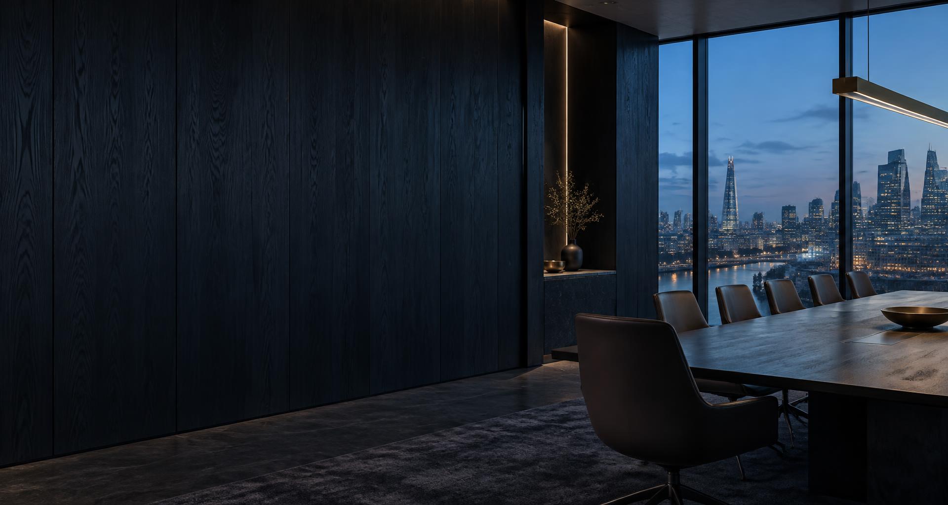Executive meeting room overlooking a city skyline